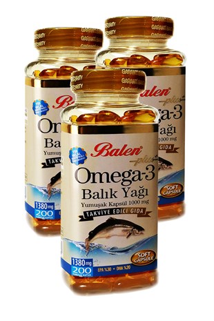 3 Kutu Balen Plus Omega 3 Balık Yağı Yumuşak Kapsül Omega3 Fish Oil 1380 Mg x 200 Kapsül x 3